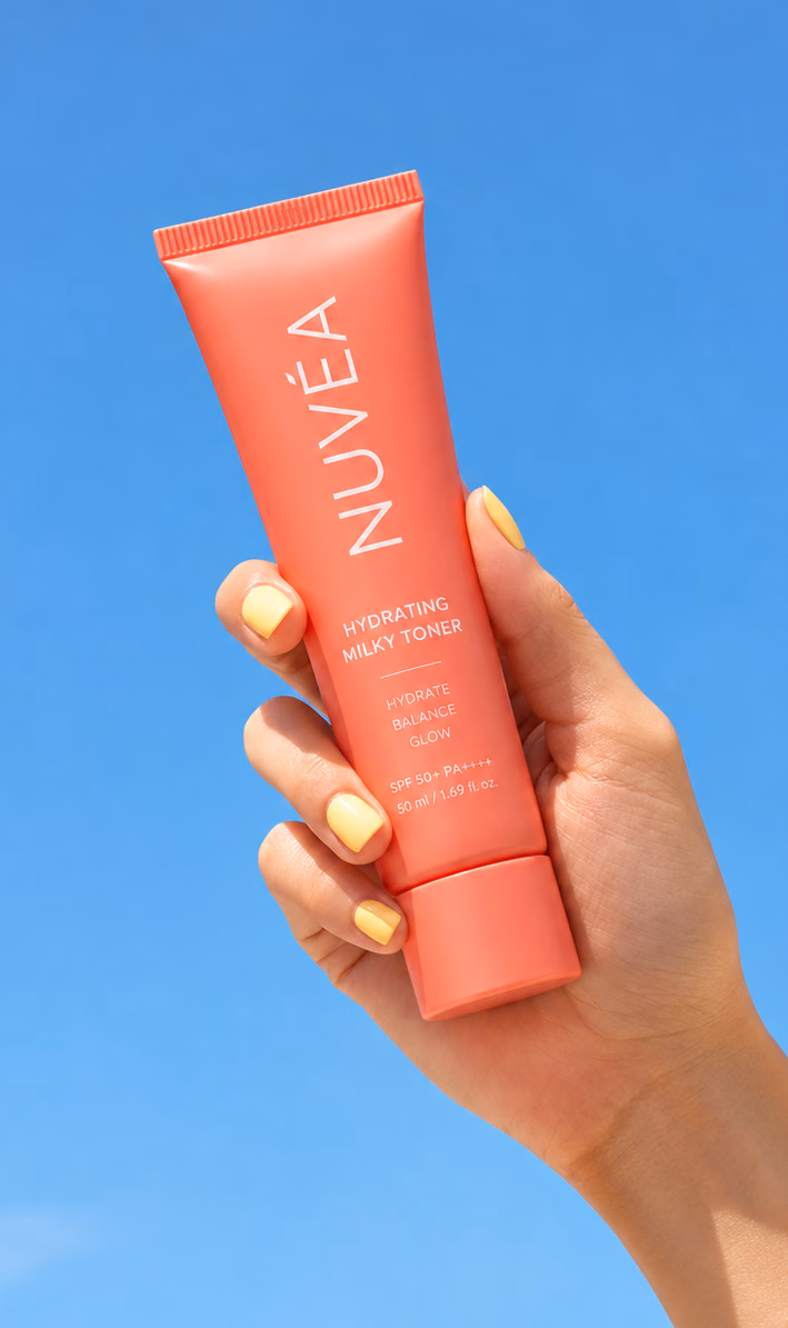 Hand holding a Nuvéa tube up against a blue sky