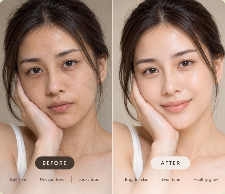 Before and after photos of a customer: dull, uneven skin, then brighter skin with a healthy glow