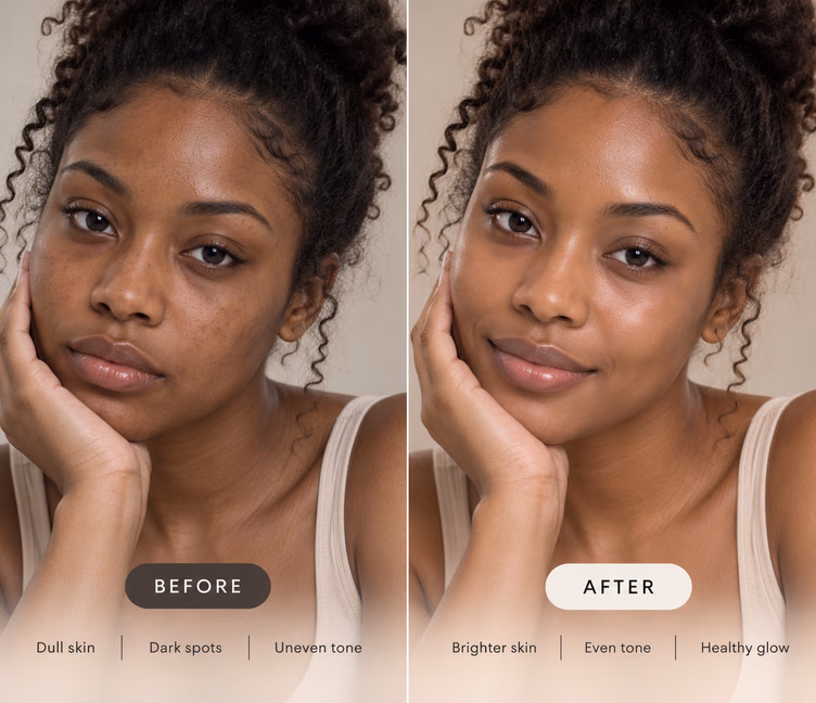 Before and after photos of a customer: dull skin and dark spots, then brighter, even-toned skin