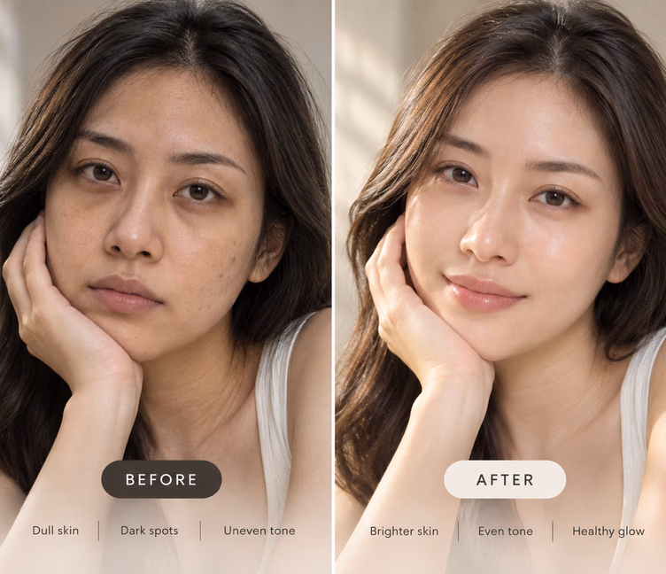 Before and after photos of a customer: dull skin, then an even tone and healthy glow